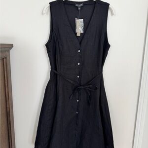 J.Crew 100% Linen Black Button Front Dress 12 Tall NWT Tie Waist